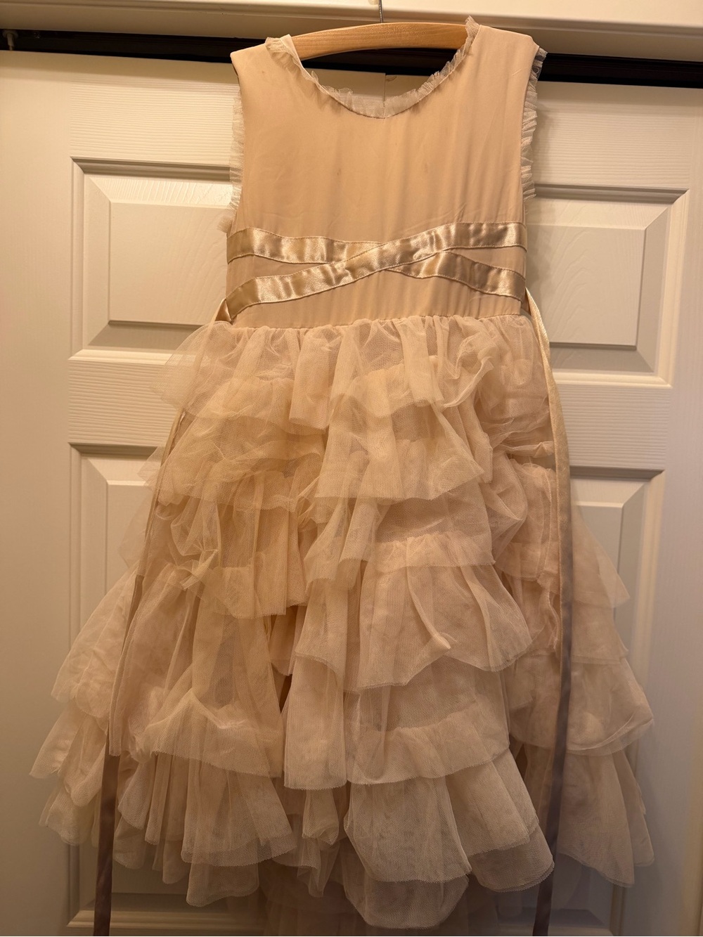 Girls Cream Tiered Tulle Ruffle Dress with Satin Waist